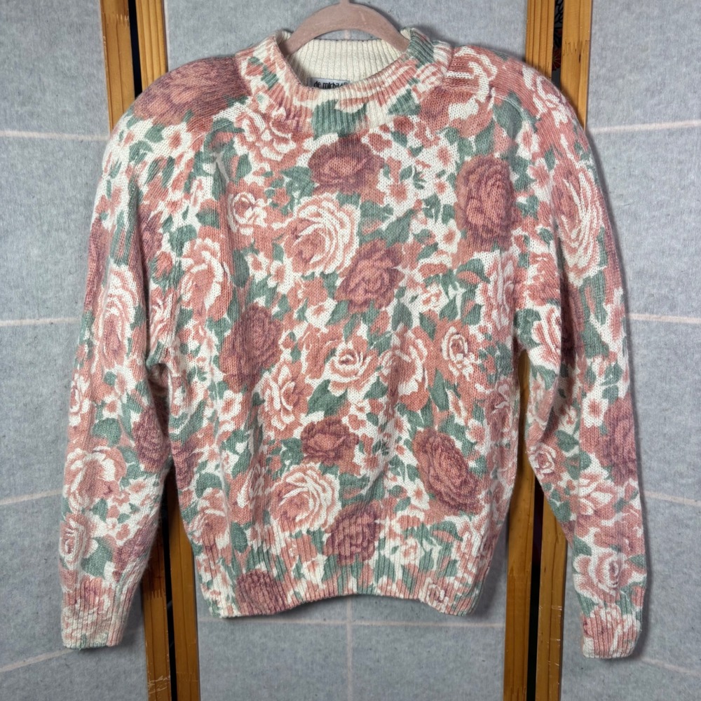 de rotchild Floral Silk Angora Blend‎ Sweater M Pink Cream Rose Vintage Raglan
